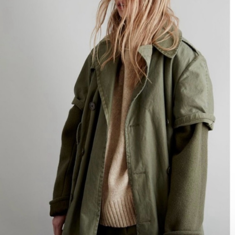 NLST NW15 Jacket XS Trench Coat Button Tie Waist Belt Fleece Army Green Wool